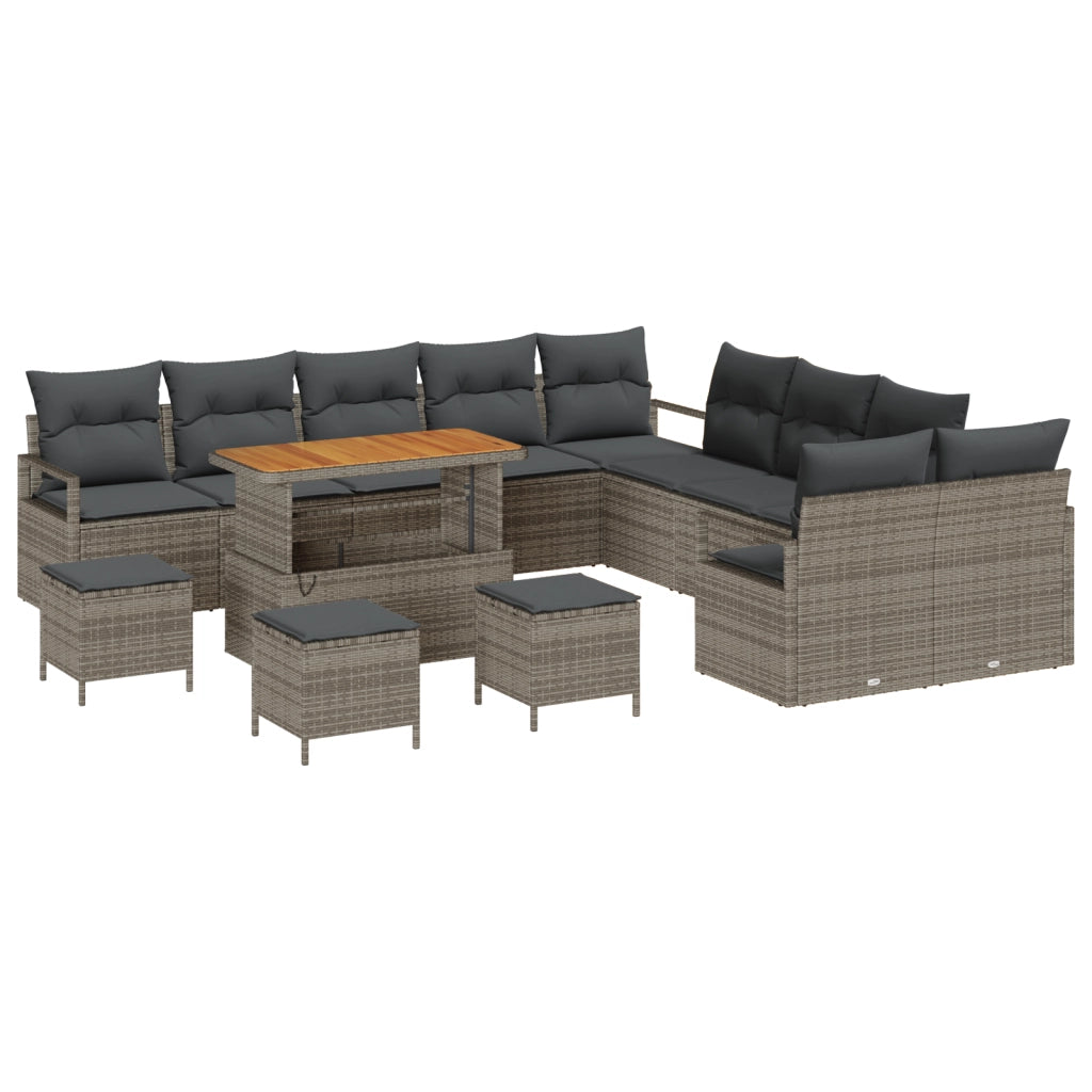 Set Divano da Giardino  14 Pezzi con Cuscini Grigio Polyrattan Acacia