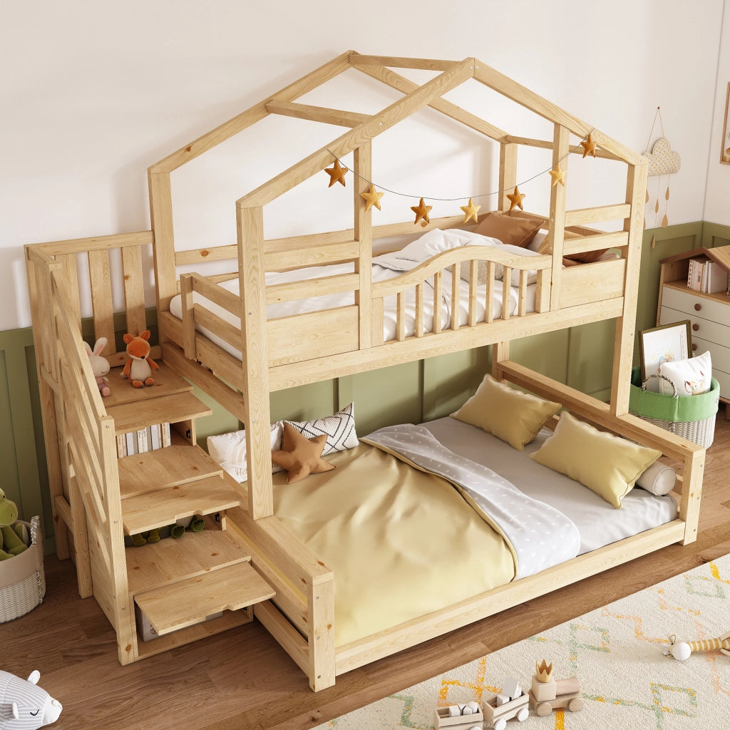 Letto a castello per bambini con scala contenitore, 90x200 e 140x200 cm, colore naturale
