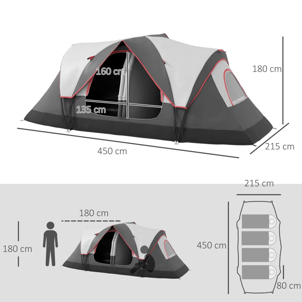 Tenda da Campeggio 450x215x180 cm 6 Posti con 2 Stanze Separate Grigio