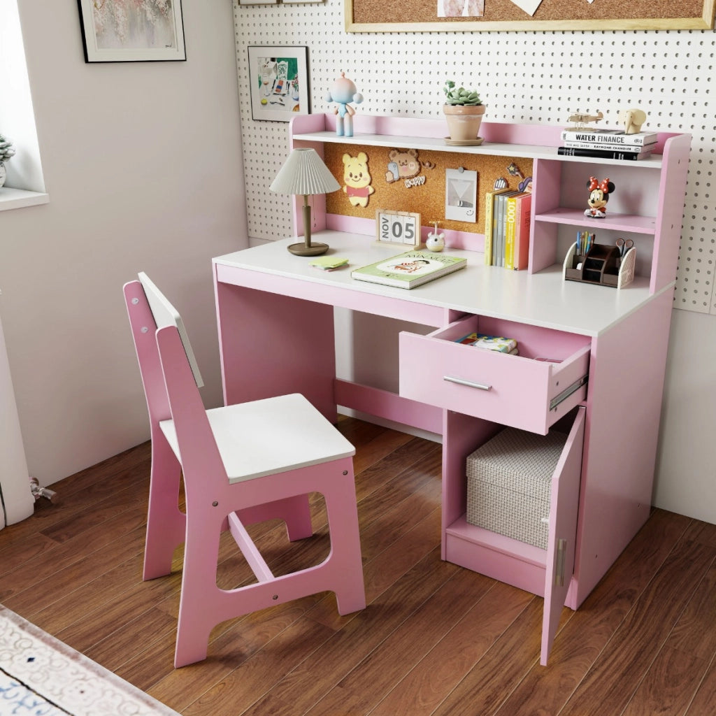 Set scrivania e sedia per studenti con mensole e cassetto, Tavolo e sedia per camera da letto e asilo nido Rosa