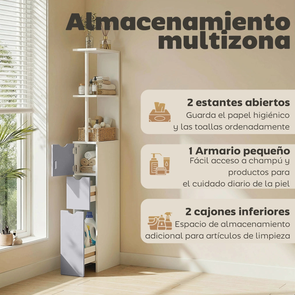 Colonna Bagno Moderna con 2 Ripiani 2 Cassetti e Anta ¨C zephmum ¨C Bianco 15x33x136,8 cm