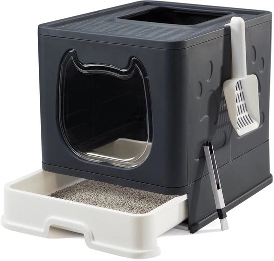 Cassetta per gatti pieghevole, con coperchio superiore e chiusura, con coperchio, cucchiaio e spazzola per pulizia 2 in 1 (nero)