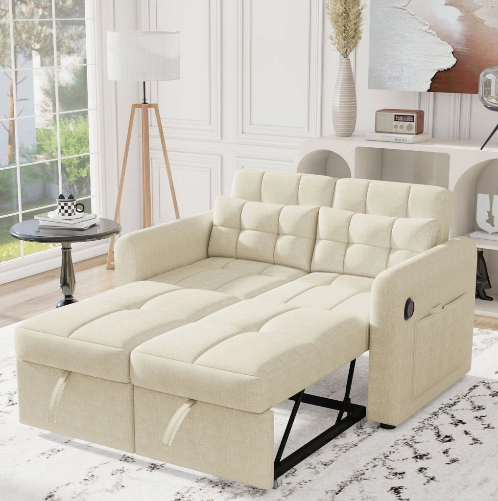 Divano letto 3 in 1; schienale reclinabile; cotone e lino beige
