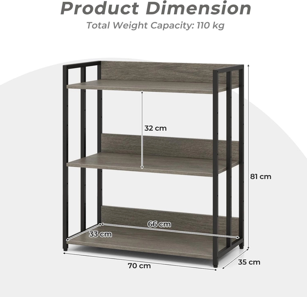 Libreria Scaffale Industriale 3 Ripiani Regolabili con Alette di Protezione, Scaffale Libreria Portaoggetti in Telaio in Metallo, Mensola Multifunzione, 2 Colori, 70 x 35 x 81 cm (Grigio)