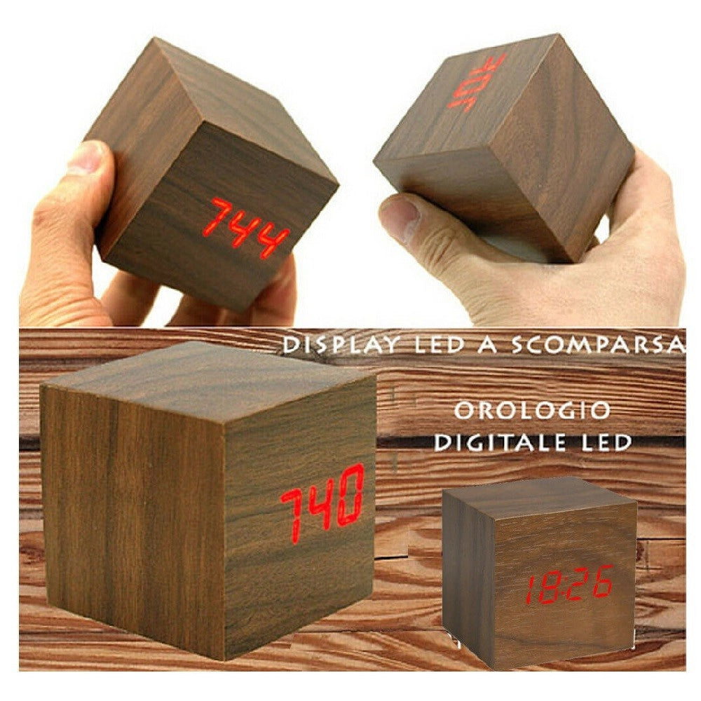 Trade Shop - Sveglia Orologio Digitale Led Effetto Legno Con Suono Allarme Temperatura Cubo -