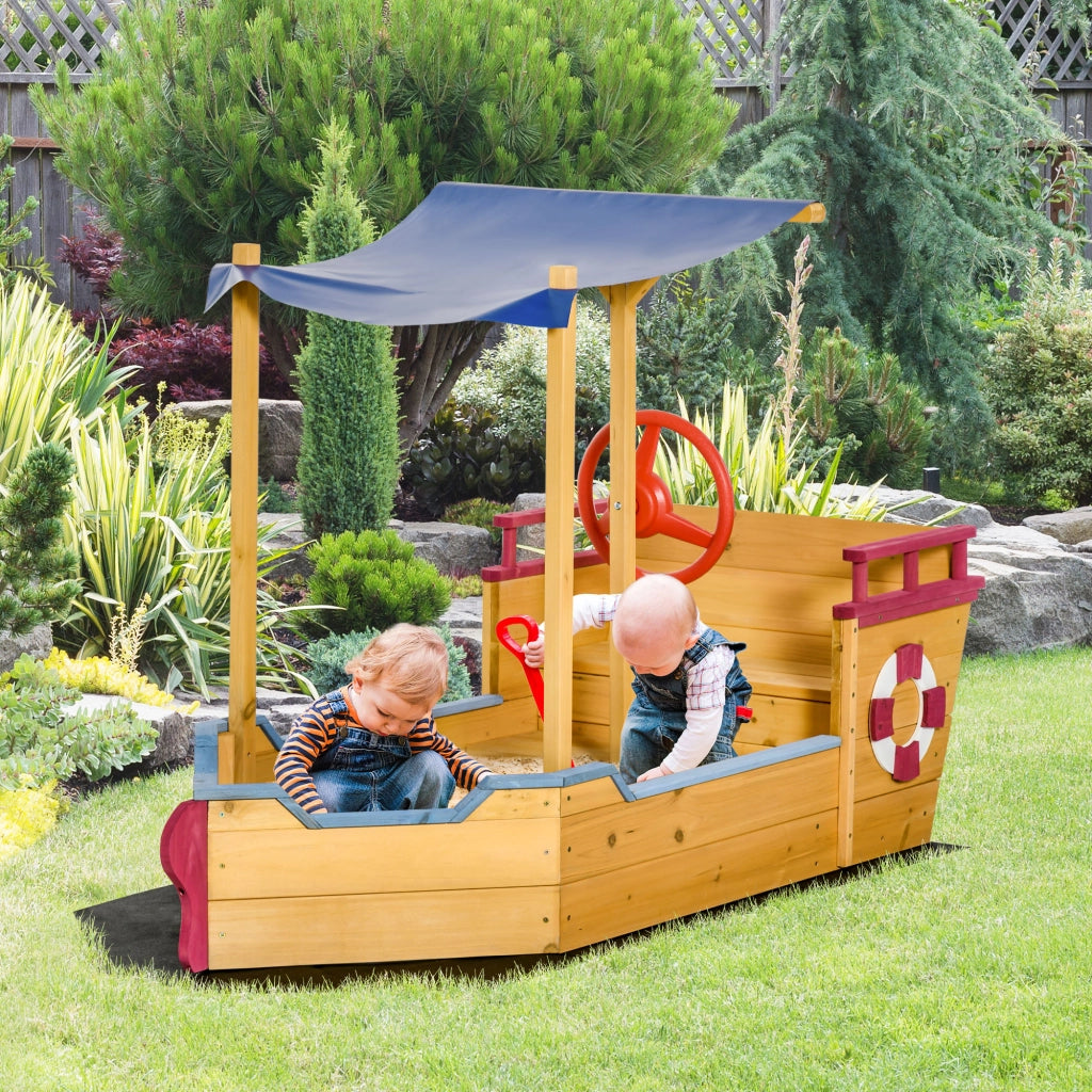 Casetta da giardino per bambini in legno a forma di barca pirata ¨C zephmum ¨C con vela ombreggiante, baule e timone
