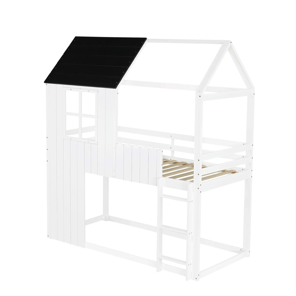 Letto a soppalco per bambini a casetta 90x200 cm bianco nero