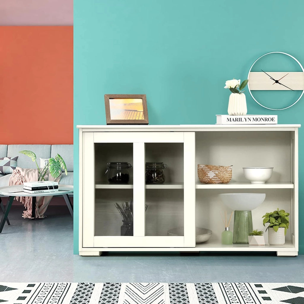 Credenza e Buffet Multiuso, a 3 Ripiani, Mensola Regolabile, 2 Ante Scorrevoli Trasparenti, Mobiletto Legno per Cucina, Soggiorno, Sala da Pranzo, 106,5x33x62,5 cm,Bianco Crema(Beige)
