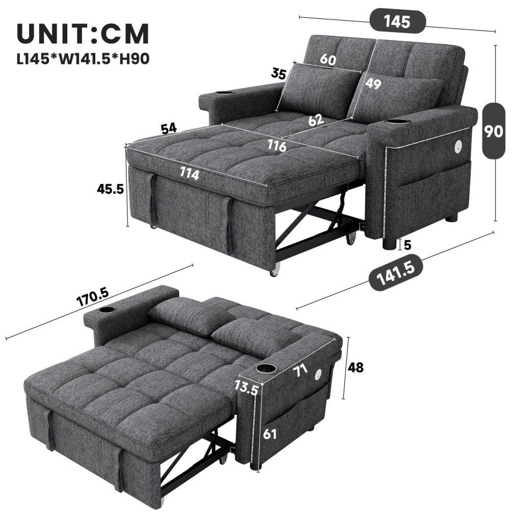Divano letto 2 posti con LED; USB e Type-C; schienale regolabile; ciniglia grigio