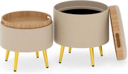 Set di 2 sgabelli rotondi bassi da 23 l + 6 l, pouf portaoggetti con coperchio reversibile e spazio di archiviazione, imbottiti, in ecopelle, ottomane, per soggiorno, camera da letto, ingresso