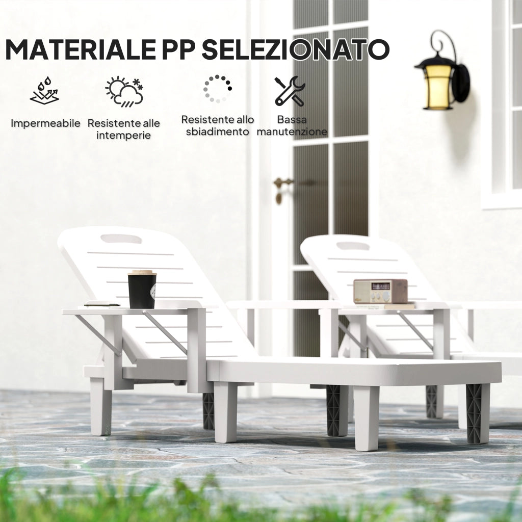 Set 2 Sdraio da Giardino con Tavolino e Braccioli ¨C Zephmum ¨C Polipropilene, Bianco, 79x158x88 cm