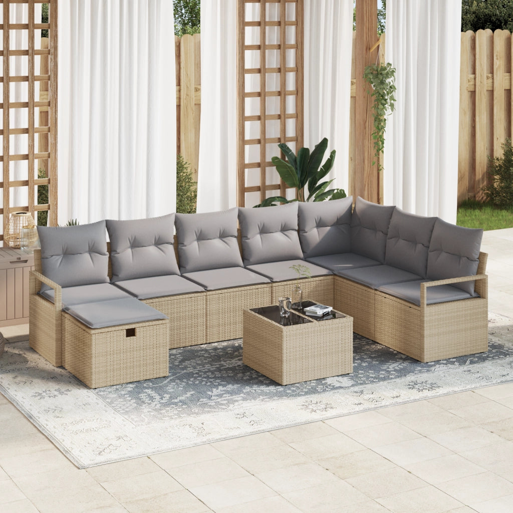 Set Divano da Giardino  9 Pezzi con Cuscini Rattan Polietilene Beige