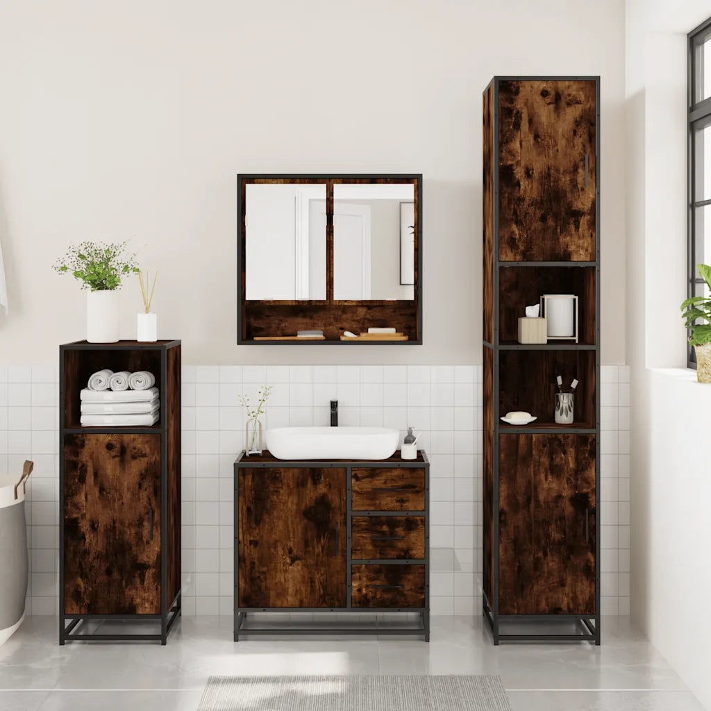 Set Mobili da Bagno 3 pz Rovere Fumo in Legno Multistrato
