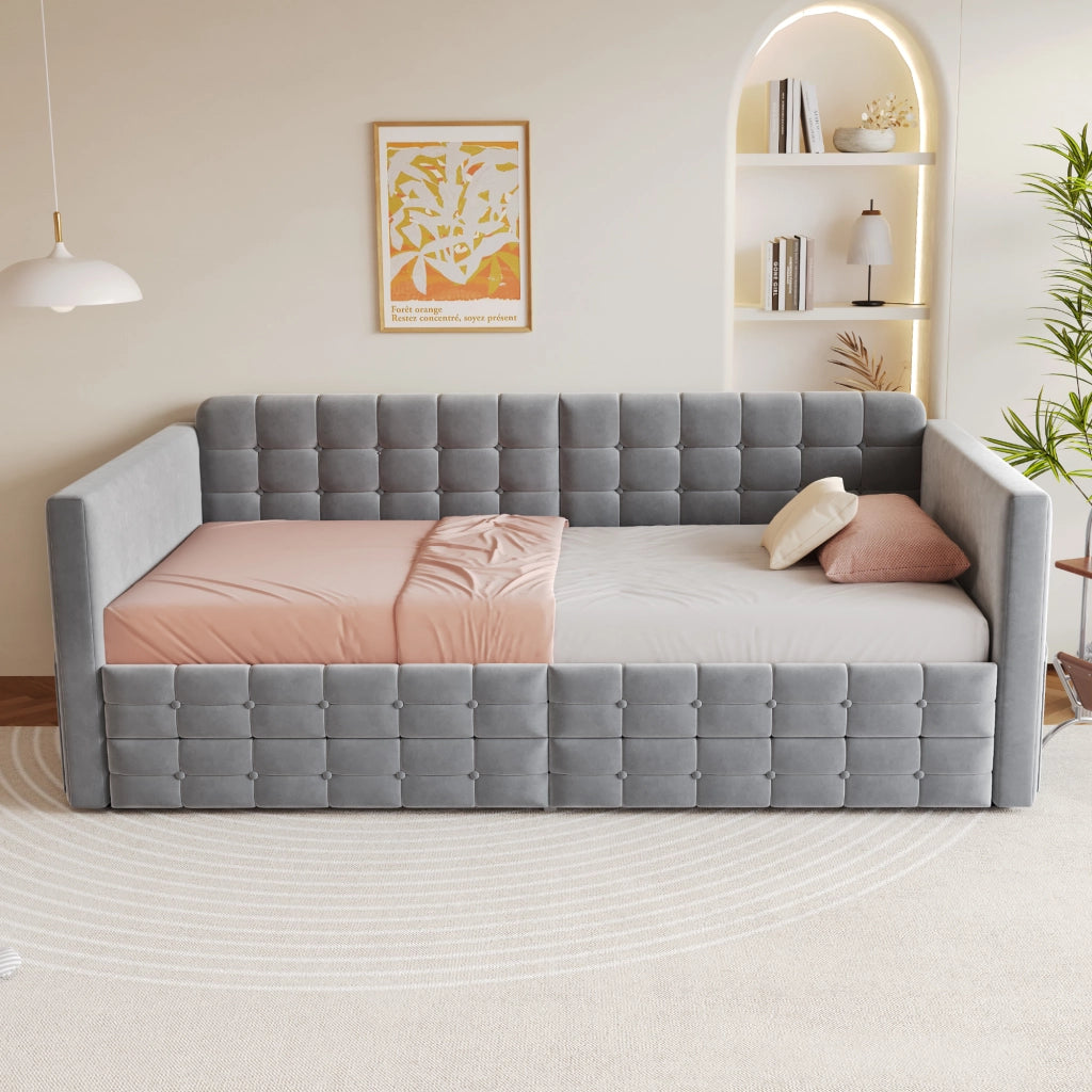 Letto imbottito 90x190 cm grigio con contenitore, tasche laterali, 2 cassetti e rete a doghe
