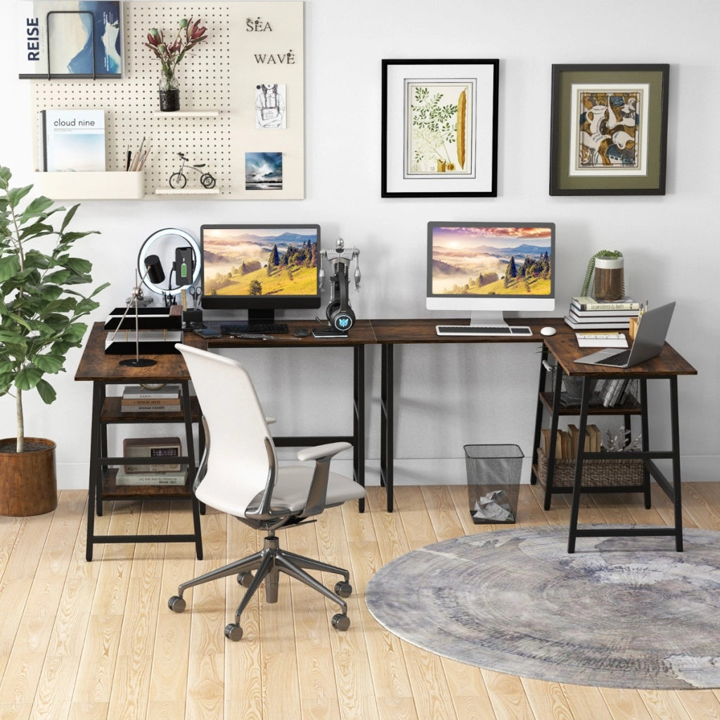 Scrivania angolare da 120cm con prese di corrente e porte USB ripiani per lavoro-Scrivania a L per ufficio Marrone Rustico