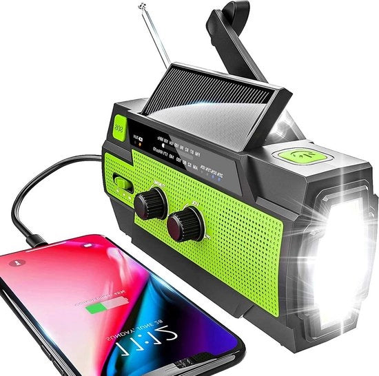 Radio di Emergenza - Radio per Emergenza alimentata da Energia Solare - Radio Portatile a Batteria USB - Batteria da 4000 mAh ricaricabile - Lampada da Tasca a LED - Allarme SOS - Manubrio Dinamo - Campeggio - Viaggi - Sostenibile