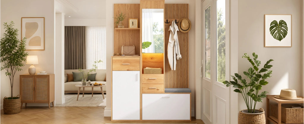 Mobile da ingresso con specchio LED panca appendiabiti e ribalta per scarpe in MDF bianco naturale 120 × 32 × 178 cm