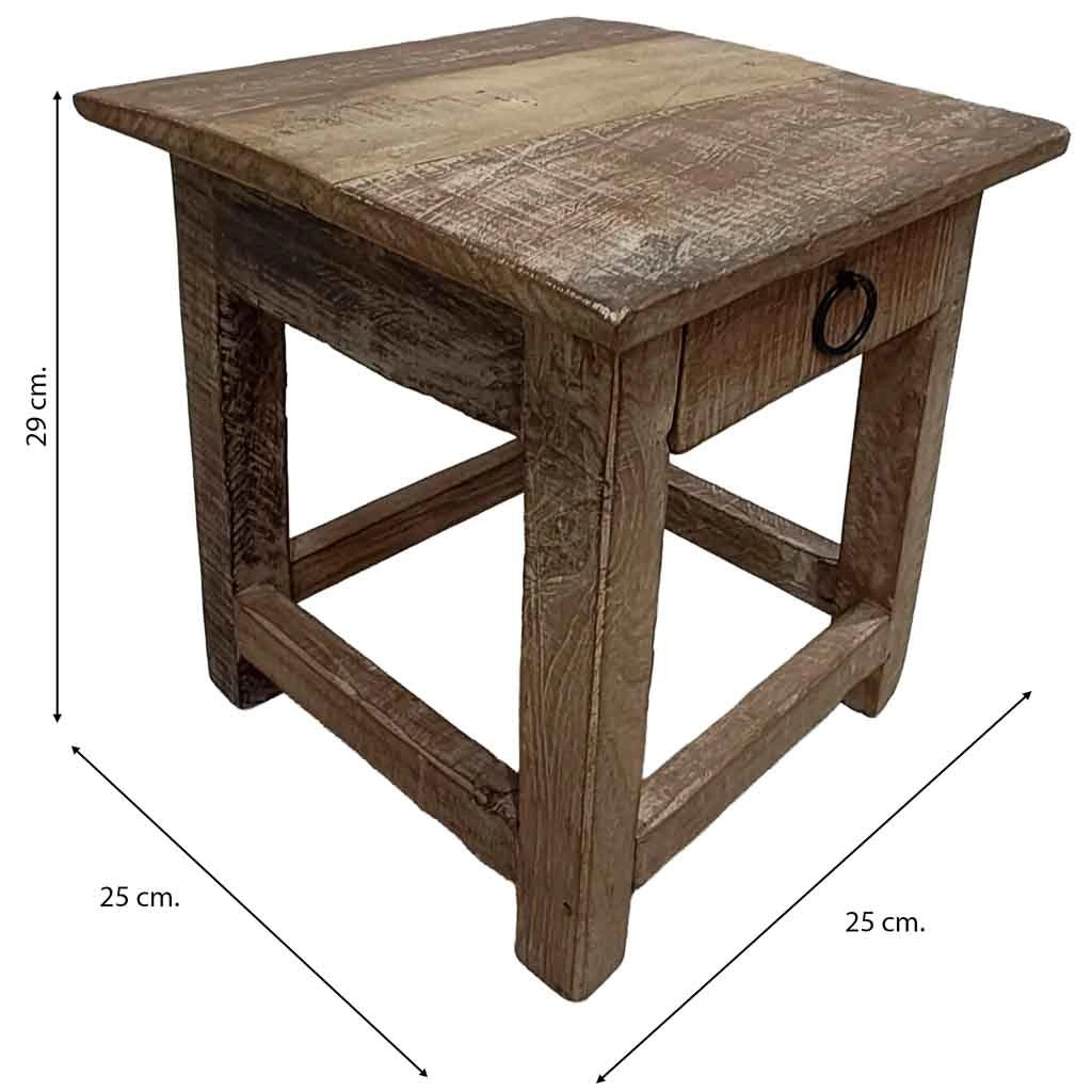 Sgabello con cassetto in legno con finitura artigianale marrone 25x25x29 h cm