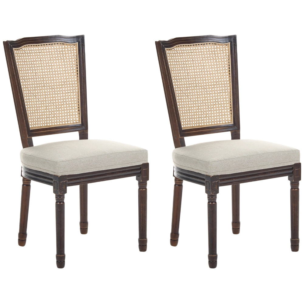 Set di 2 sedie da pranzo con struttura in legno e rivestimento in tessuto marrone scuro e beige, in stile country francese vintage con intreccio viennese
