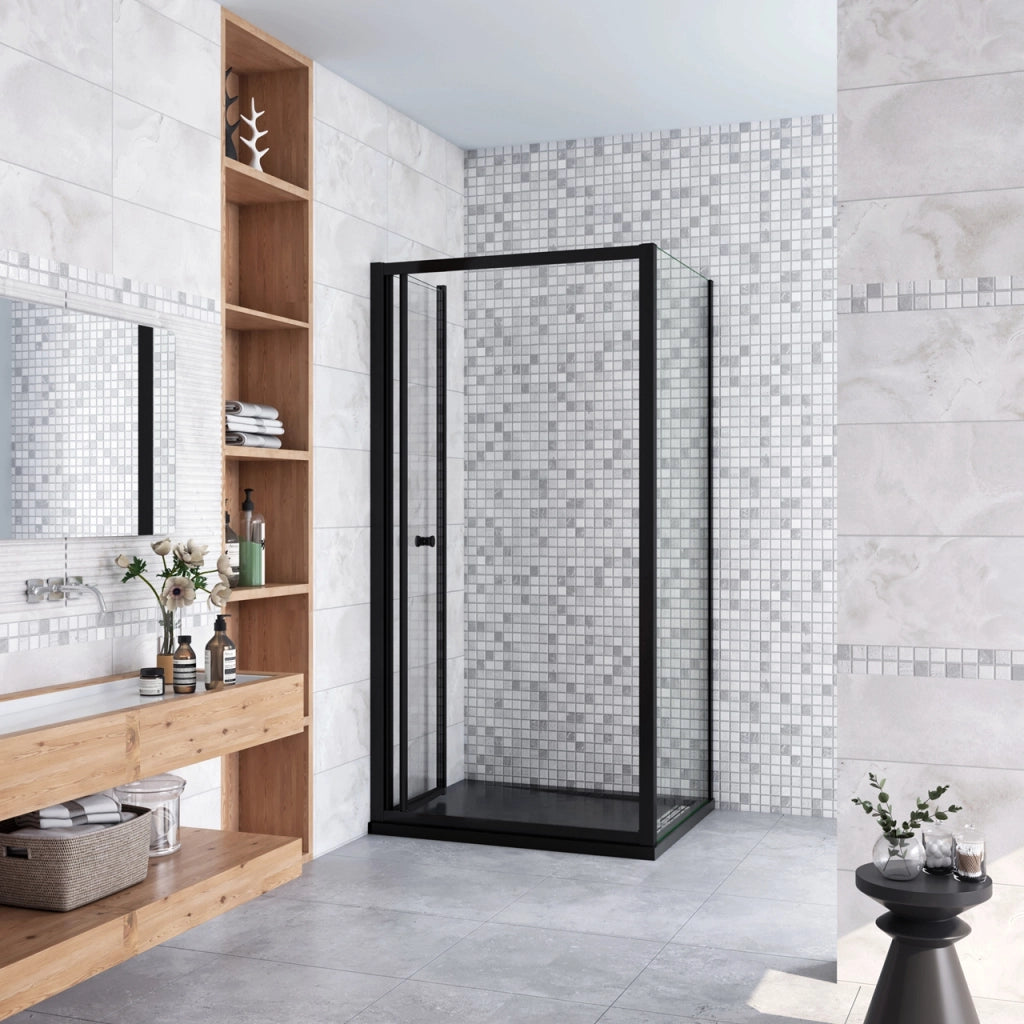 185cm Box Doccia Angolare Porta a Soffietto con Parete Fissa 96x80cm in Vetro Temperato Trasparente 5 mm Profilo Nero Opaco