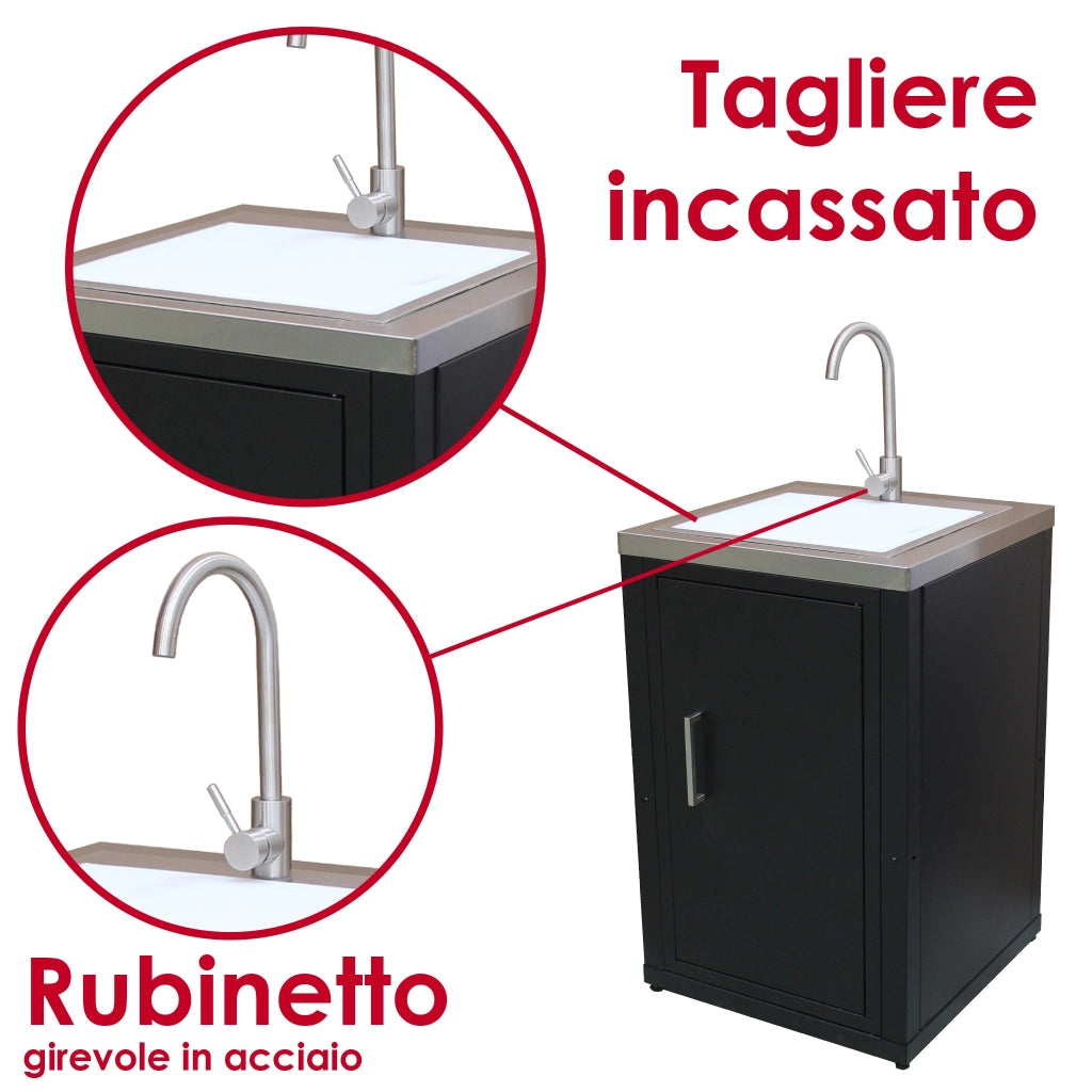 Modulo Lavello da Esterno in Acciaio Inox con Rubinetto Integrato e Tagliere – Sistema Cucina Outdoor Componibile 60,7x60,7 h.94cm