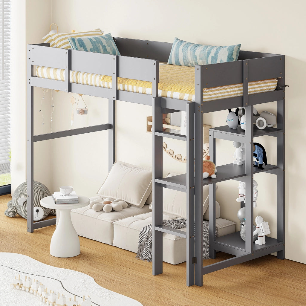 Letto a soppalco per bambini 90 × 200 cm con ripiano e barriere di sicurezza, senza materasso, in legno grigio