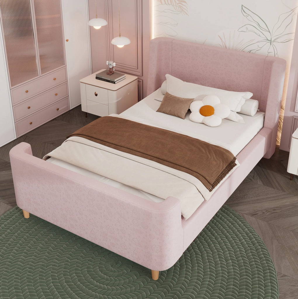 Letto singolo a slitta 90x200 cm in velluto rosa con motivo spaziale; per cameretta bambini