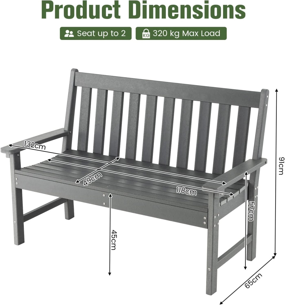 Panca da Giardino per 2 Persone in Plastica con Schienale Alto, Panca da Esterno Resistente alle Intemperie, Ideale per Parco, Patio e Terrazza, Grigio, 132 x 65 x 91 cm
