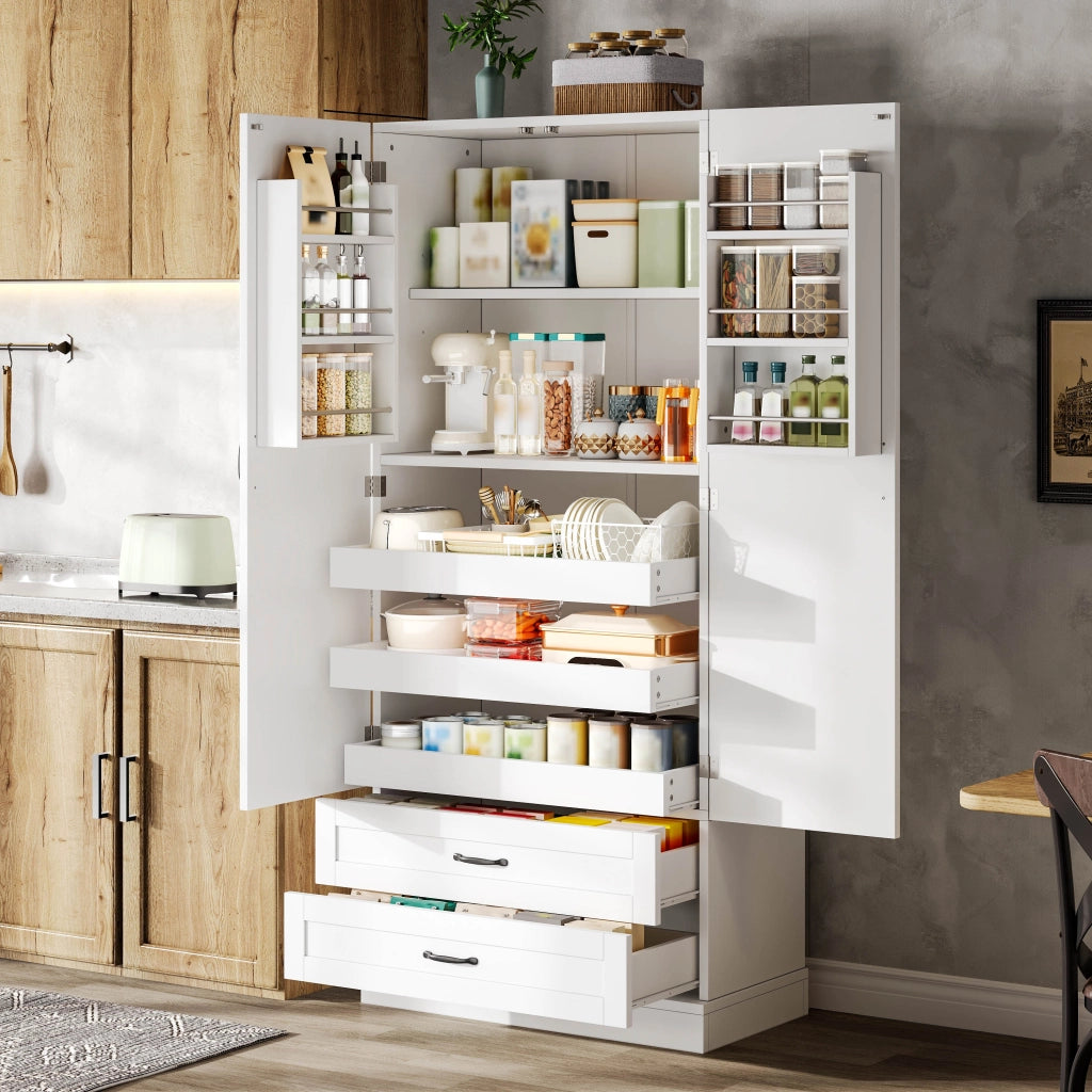 Credenza cucina alta con 3 ripiani estraibili; 2 cassetti e ripiani interni alla porta; per cucina; 180 × 80 × 37.5 cm