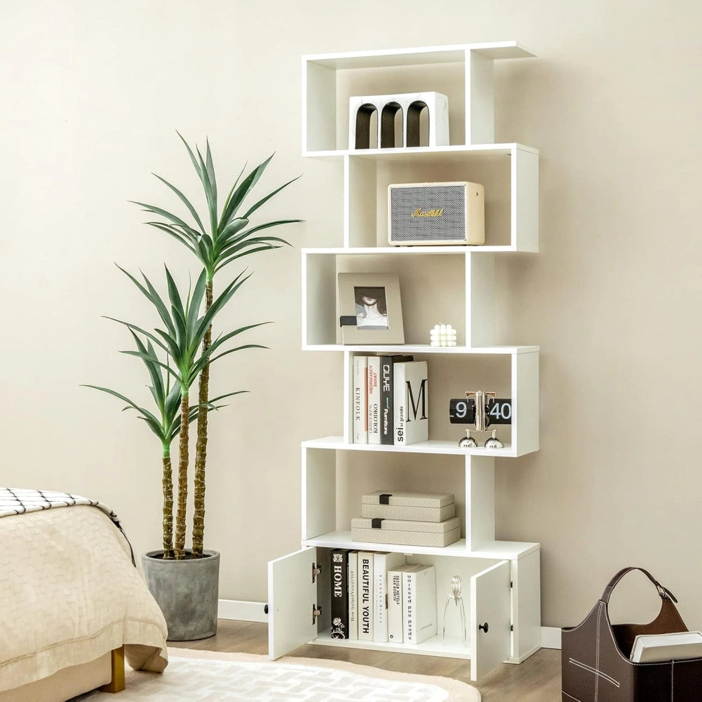 Libreria Scaffale in Legno, Libreria Verticale a 5 Livelli, Forma di S, Divisorio per Stanza con 2 Ante, per Soggiorno, Camera da Letto, 70 x 23 x 183 cm (Bianco)