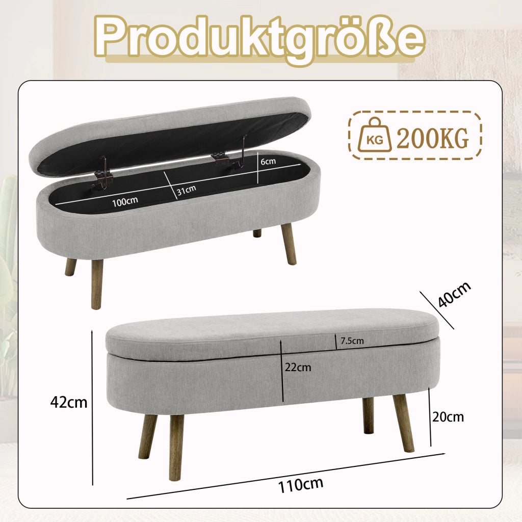 Panca contenitore in tessuto chenille con coperchio ammortizzato e struttura in legno grigio 110 × 40 × 42 cm