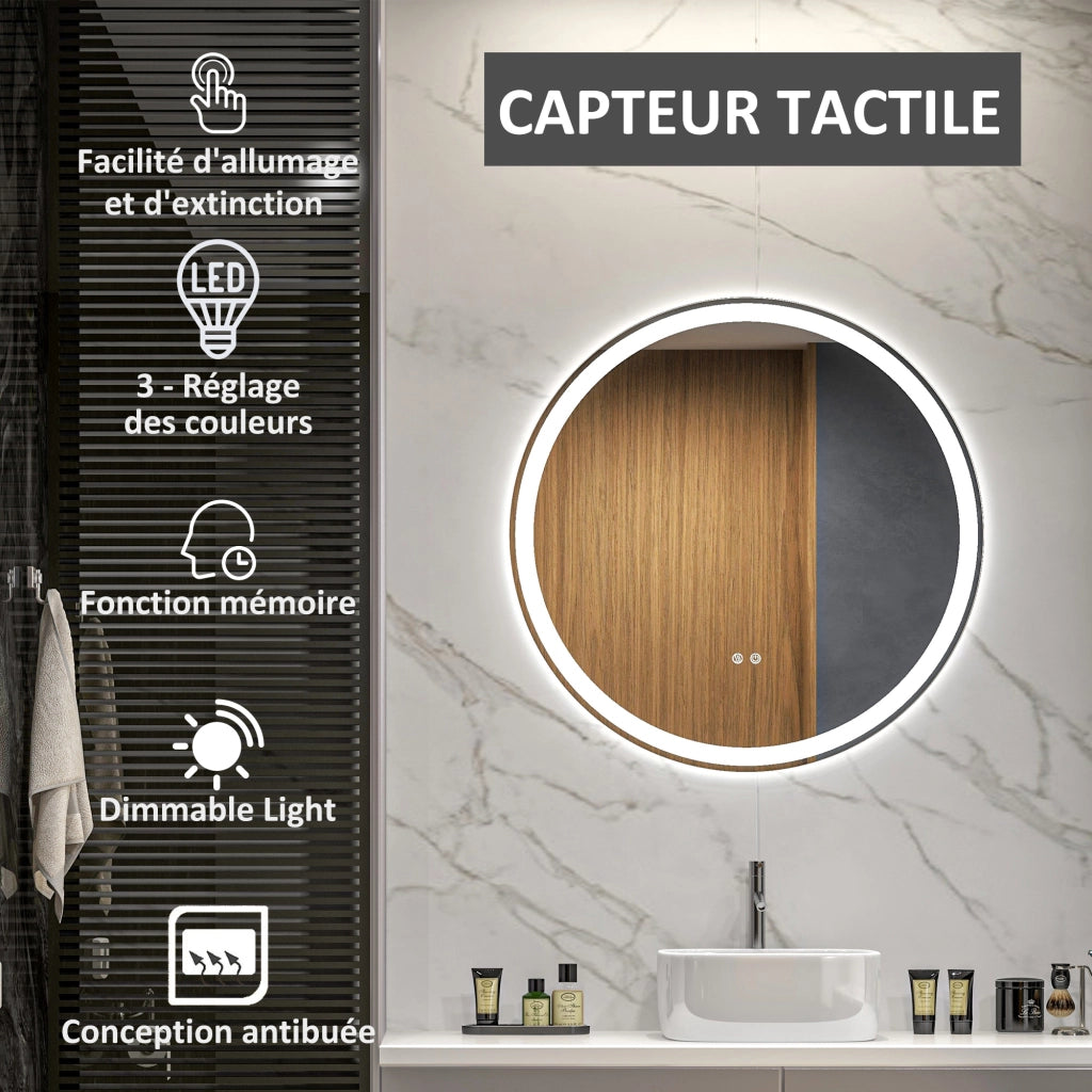 Specchio da bagno LED rotondo con illuminazione 3 colori ¨C zephmum ¨C 70 cm bianco argento