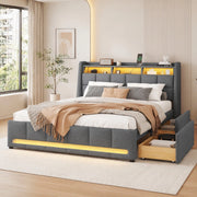 Letto imbottito 140 x 200 cm con LED APP, USB, 2 cassetti e vani contenitore, senza materasso, grigio