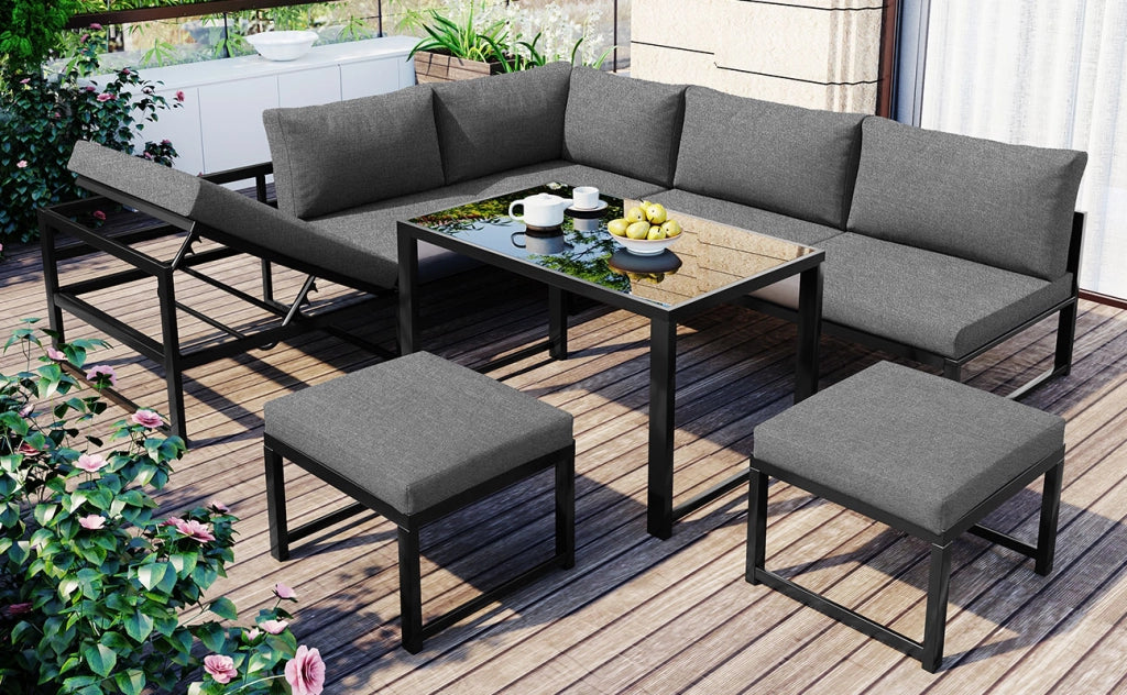 Set sedie sdraio giardino: alluminio; reclinabile; schienale 4 posizioni; cuscini inclusi; grigio