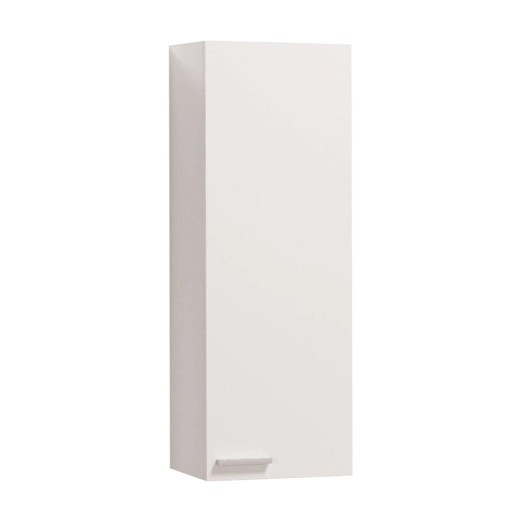 Colonna Bagno Alcott, Mobile a colonna per bagno a 1 anta, Armadio pensile sospeso con 1 ripiano, cm 30x25h85, Bianco lucido