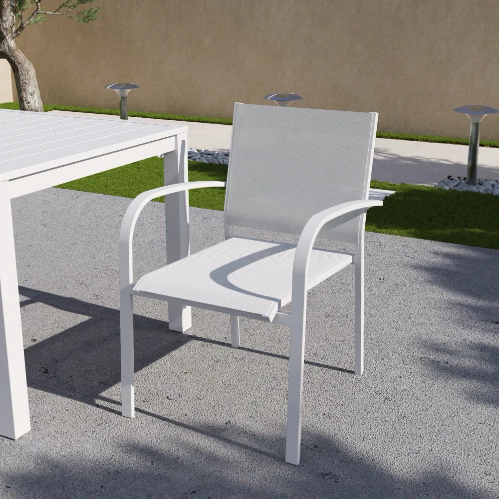 Sedia da esterno in textilene bianco con braccioli in alluminio tondi | Marel