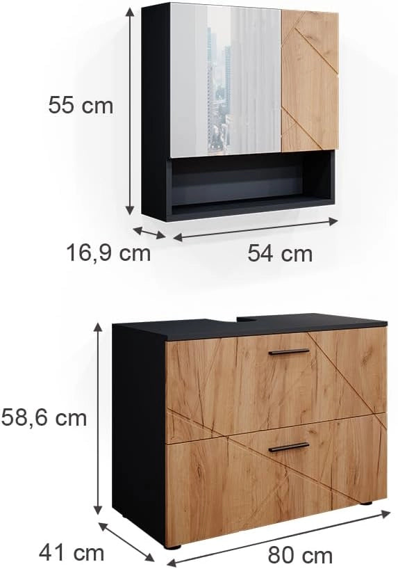 Set mobili bagno Irma, Quercia dorata/antracite, 80 cm, composto da specchio da bagno e mobile sottolavabo