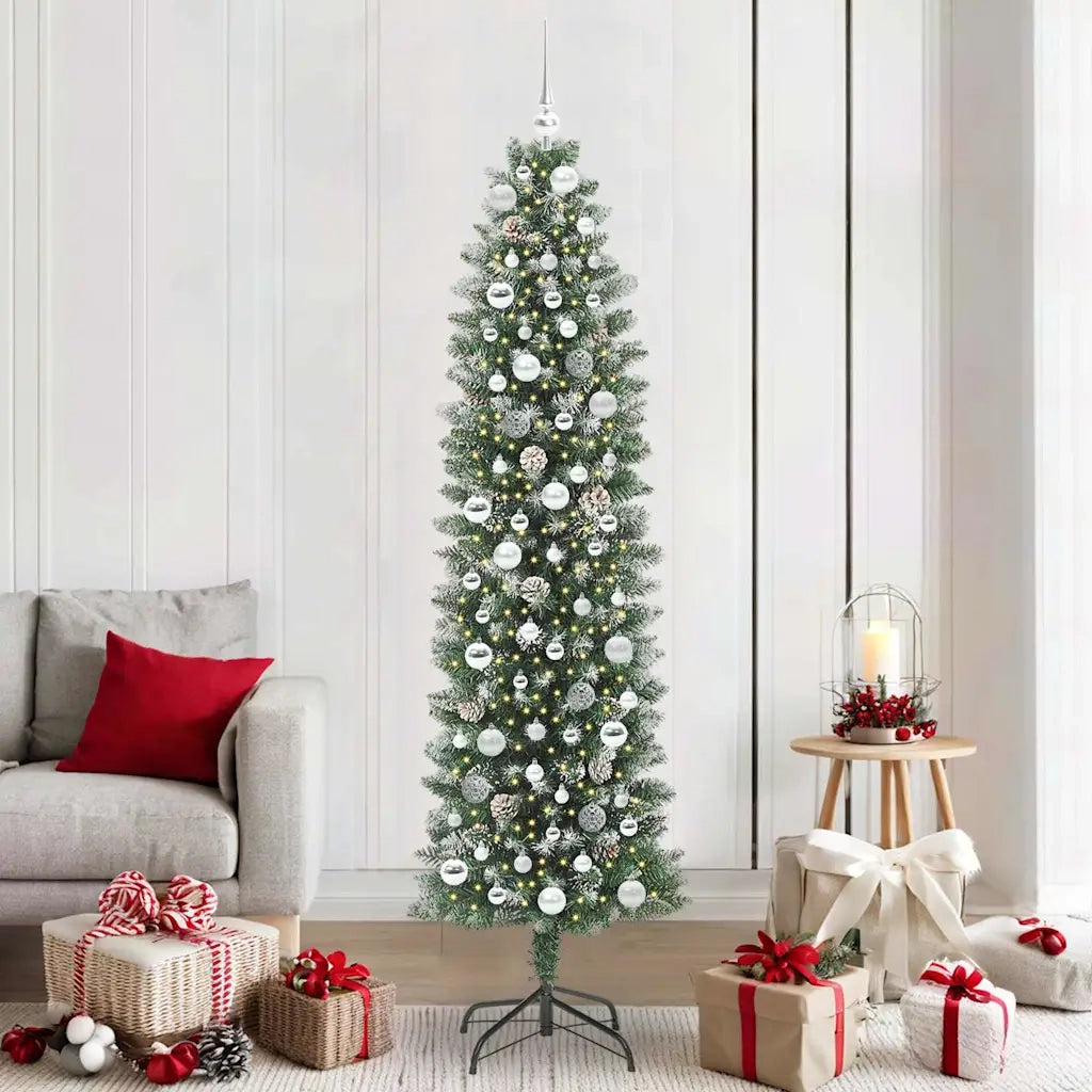 Albero di Natale Artificiale Sottile Verde e Bianco 210 cm