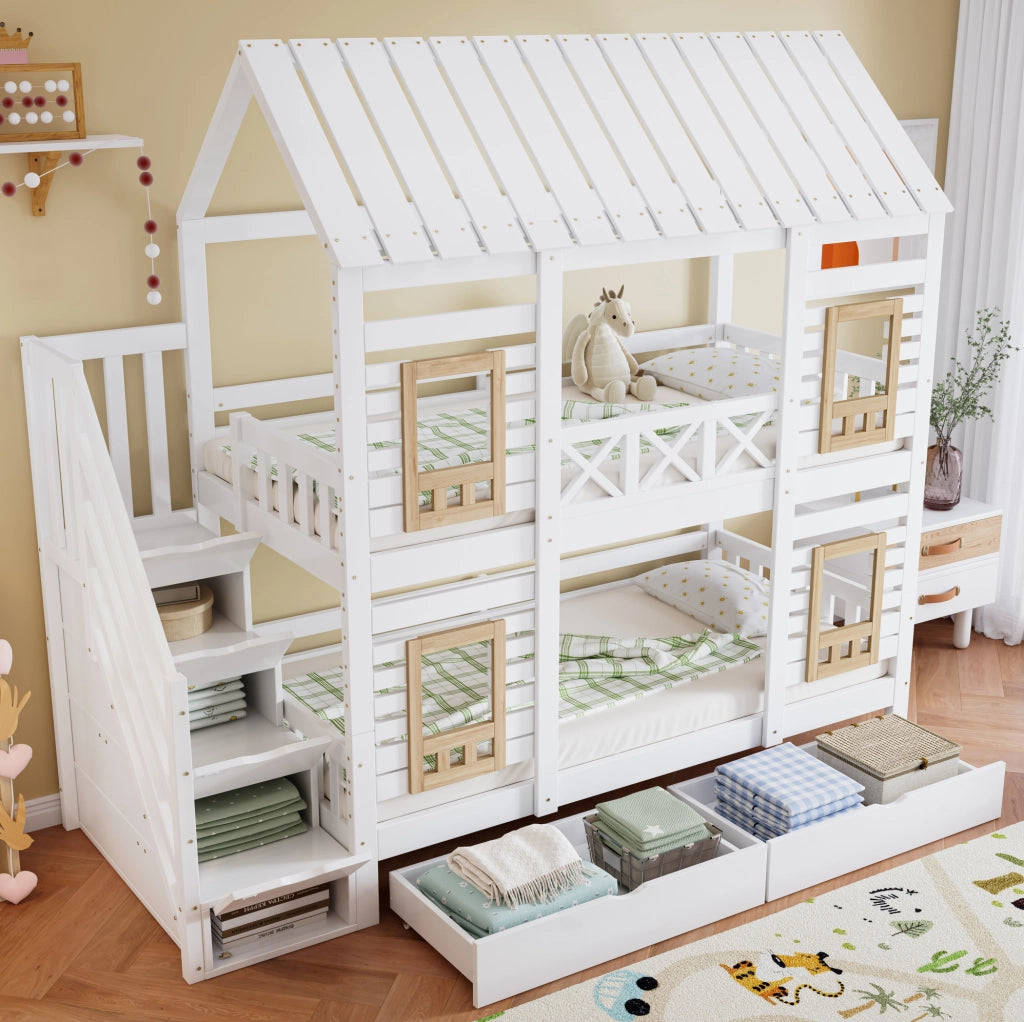 Letto a castello per bambini con finestre, scala contenitore e cassetti