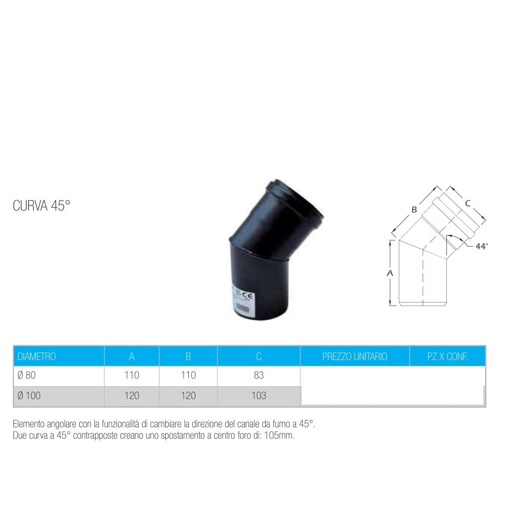 Curva gomito nero pellet a 45° da 80mm