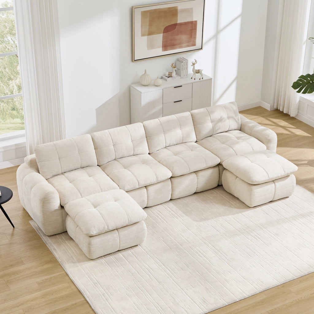 Divano modulare a U 4 posti senza montaggio con design trapuntato e 2 pouf per soggiorno in chenille beige