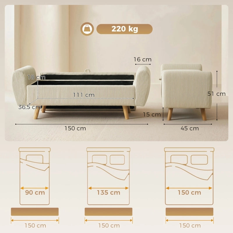 Panca contenitore in velluto a coste con braccioli arrotondati e piedini in legno beige per camera da letto 150 cm