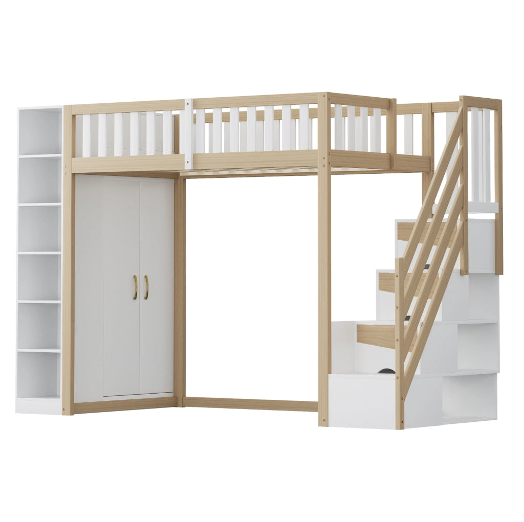 Letto a soppalco 90x200 cm con armadio; scaffali e scala con vani; bianco e legno naturale
