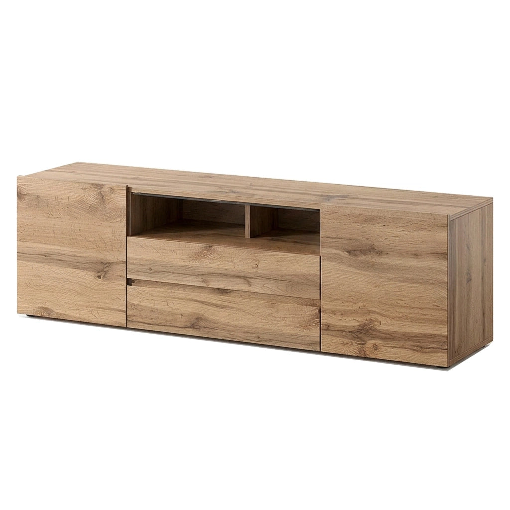 Mobile TV Design Moderno Nordico Con LED Integrati 2 Ante Battenti 1 Anta A Ribalta E Vani A Giorno In Melaminico Per Soggiorno Salotto Zona Living 137 X 45.5 X 33 Cm Rovere