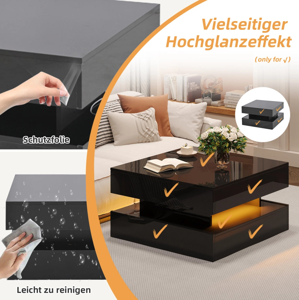 Tavolino sollevabile quadrato nero con luce a LED e contenitore