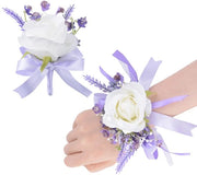 Set di corsage 2 pezzi - Pulsante finto - Rosa bianca con nastro viola - Matrimonio/graduazione - Design elegante - Dimensioni 12 cm x 14 cm - Pezzo di fiori