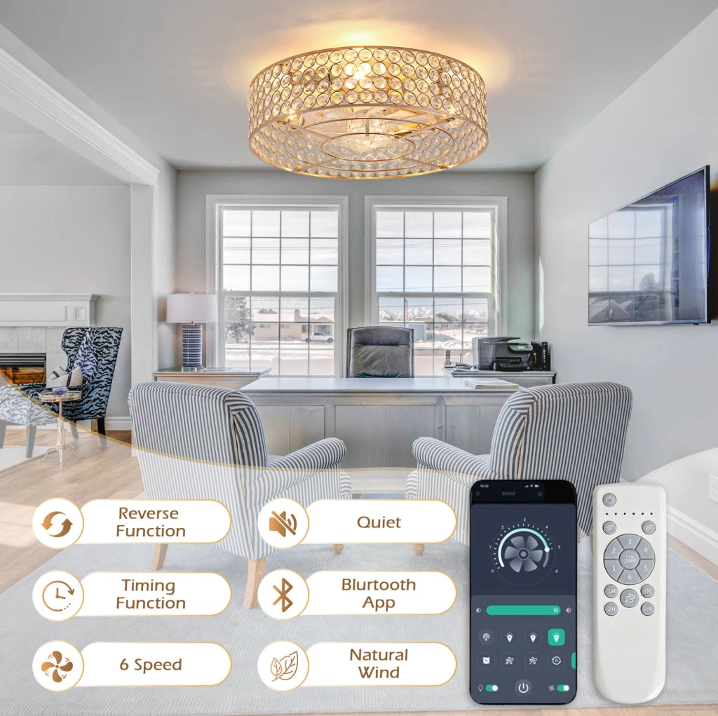 Ventilatore da soffitto con lampada a cristalli dorati 19 pollici; metallo e vetro; controllo Bluetooth e telecomando