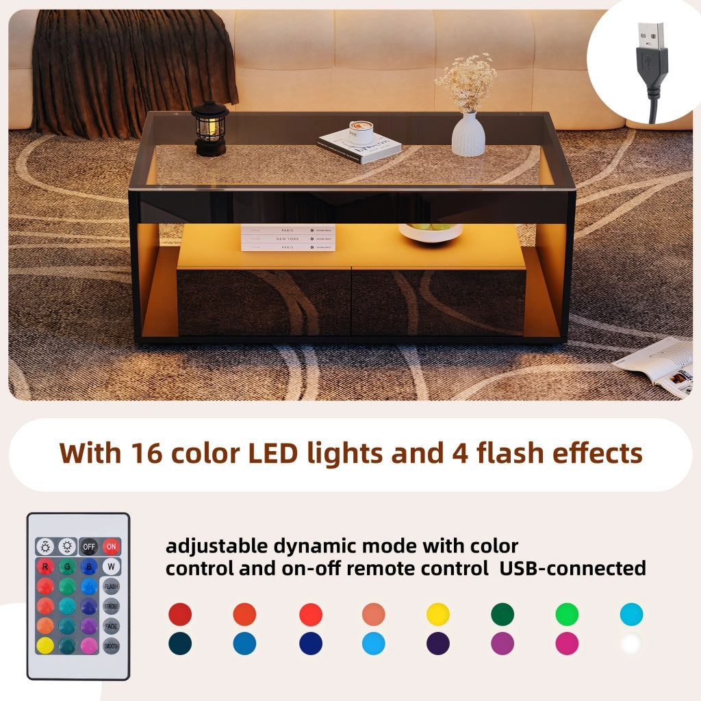 Tavolino basso con LED, 2 cassetti e vani aperti, piano in vetro temperato, in truciolare, nero, 100 × 50 × 40 cm