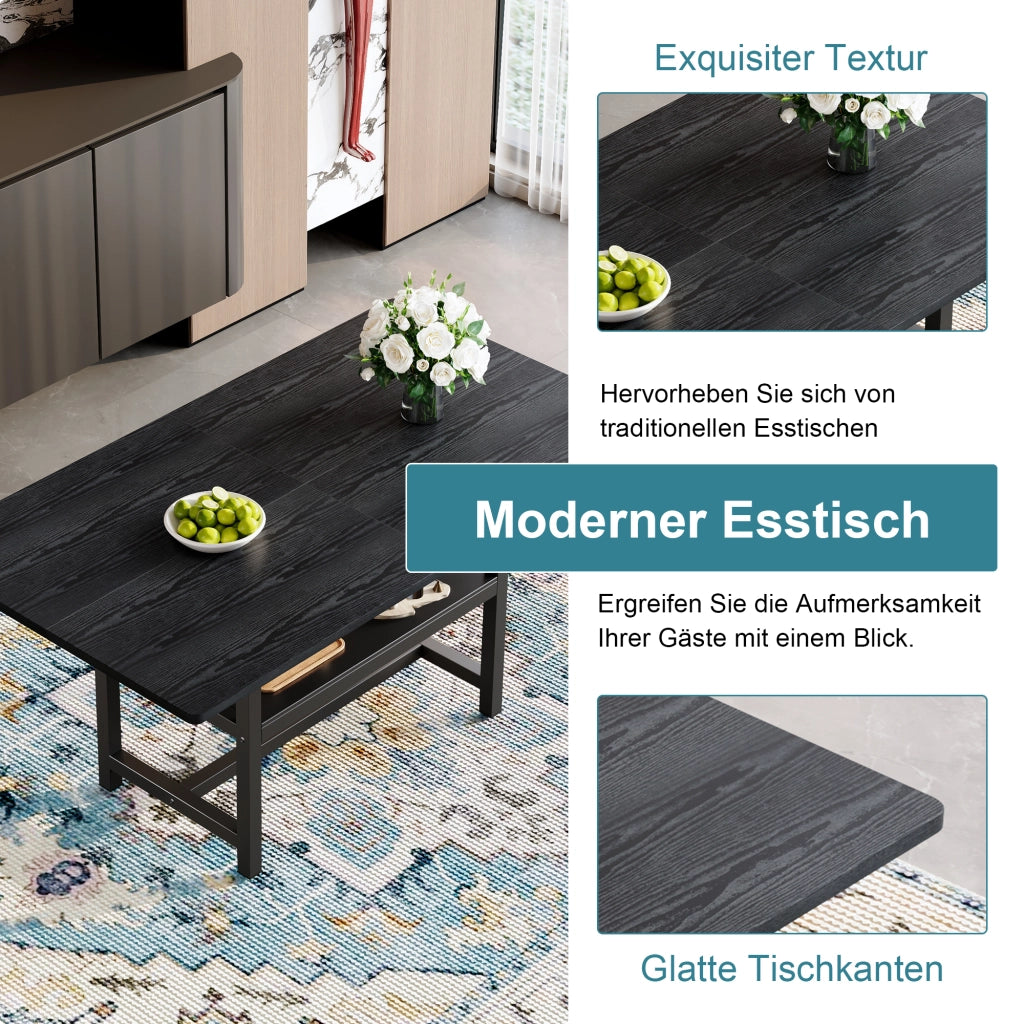 Tavolo da pranzo per 4 o 6 persone con ripiano contenitore, stile moderno, in MDF e metallo, nero, 160 × 90 × 76 cm