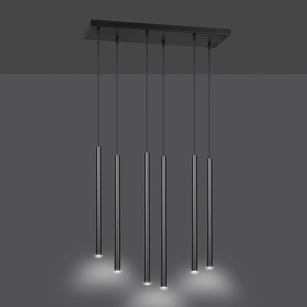 Lampadario 6 Luci Moderno Shu Acciaio Nero E Paralumi A Cilindri Sottili